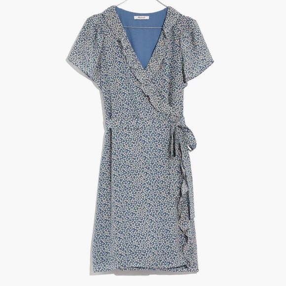 Madewell Womens Ruffle Edge Silk Wrap Dress Size M Bitsy Ditsy Floral Blue Lined - Picture 4 of 14